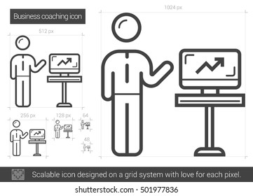 Icono de línea vectorial de entrenamiento comercial aislado en fondo blanco. Icono de línea de entrenamiento de negocios para infografía, sitio web o aplicación. Icono escalable diseñado en un sistema de cuadrícula.