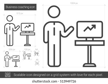Icono de línea vectorial de entrenamiento comercial aislado en fondo blanco. Icono de línea de entrenamiento de negocios para infografía, sitio web o aplicación. Icono escalable diseñado en un sistema de cuadrícula.