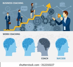 Business coaching as a way to quick success two horizontal flat banners set poster abstract vector illustration