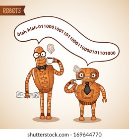 Business coffee break collaboration concept by two retro androids vector illustration