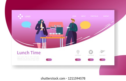 Business Coffee Break Landing Page. Lunch Time Banner with Flat People Characters Website Template. Easy Edit and Customize. Vector illustration