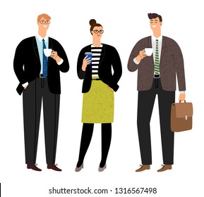 Business coffee break. Office people persons group with tea caps, businesswoman and businessmen friendly talking and drinking coffee, vector illustration