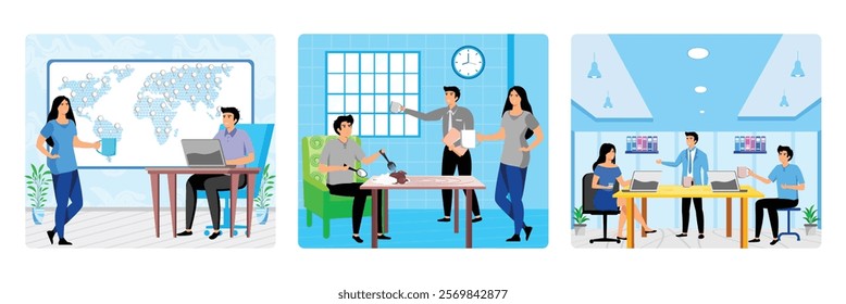 Business Coffee Break at Work. Man and woman sit at table eat food and drink beverage. Office people drinking coffee during lunch break. Set flat vector modern illustration 