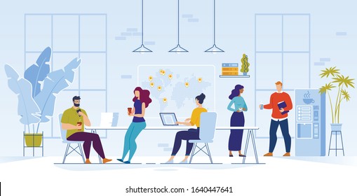 Business Coffee Break at Work. Takeaway Hot Beverage Fast Order and Express Delivery to Office. Online Service Advertisement. Coworkers Staff Having Rest during Working Day. Vector Illustration