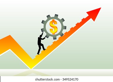 Business Cogs-Abstract corporate concept of a businessman inside a gear racing towards the top