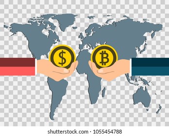business coin concept.exchange coins dollar to bitcoin by hand to hand on background map world, transparent background.vector Illustrator - Powered by Shutterstock - Get 15% off with code: PIKWIZARD15