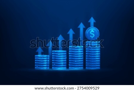business coin stack and arrow growth wireframe on blue background. save money and investment concept. financial revenue and profit.vector illustration fantastic low poly technology.