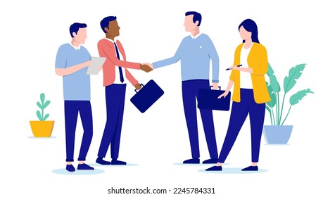 Business collaboration - Businesspeople teams shaking hands and making deal and agreement in office. Working together concept, flat design vector illustration with white background