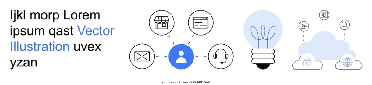 Business collaboration, cloud computing, digital networking, innovation, telecommunication, data storage. Diagram with connected icons including user, lightbulb cloud and mail. Business