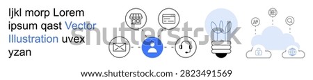 Business collaboration, cloud computing, digital networking, innovation, telecommunication, data storage. Diagram with connected icons including user, lightbulb cloud and mail. Business