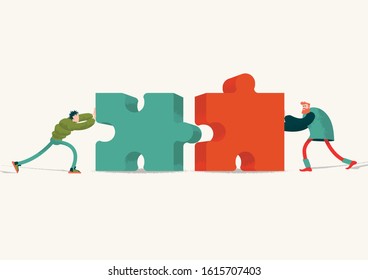 Business collaboration concept. Illustration of people, which connecting the puzzles. Grain textures.
The illustration can use for web banners, infographics, presentations. 