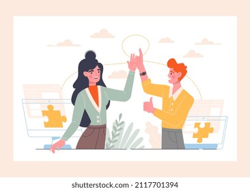 Business Collaboration Concept. Man And Girl Give Each Other Five. Colleagues Celebrate Success, Closeknit Team, Team Victory And Successful Characters, Nature. Cartoon Flat Vector Illustration