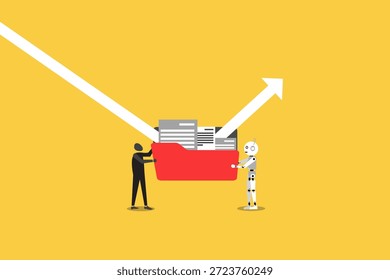 Concepto de colaboración empresarial que representa al humano y al robot trabajando juntos sosteniendo una carpeta roja para lograr el éxito del crecimiento y la recuperación financiera con la flecha ascendente