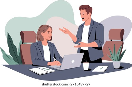 Colaboração e discussão de negócios em ambiente de escritório. Colegas Profissionais Reuniões e Trabalhando Juntos. Mentoria e Coaching em um Ambiente Corporativo. Vetor de design plano de trabalhadores de escritório. 
