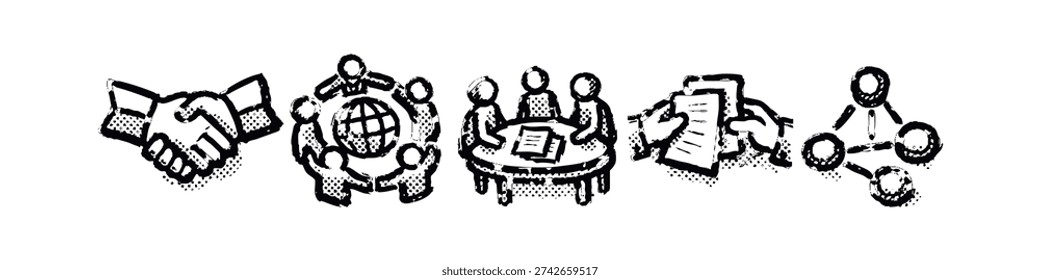 Business Collaboration, Global Network, and Teamwork Meeting Icons in Hand-Drawn Style