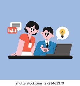 Colaboración empresarial y generación de ideas. Linda ilustración plana de dos compañeros de trabajo que colaboran en un escritorio con una computadora portátil, discutiendo ideas y datos en un entorno de oficina moderno. Los simpáticos personajes de dibujos animados representan el trabajo en equipo, la comunicación empresarial, la transformación digital, el análisis de datos, la resolución de problemas y la innovación. Colores pastel suaves, Formas simples y estilo de diseño plano limpio adecuado para presentaciones, Sitios web, App, startups y contenido educativo.