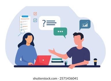 Business collaboration illustration featuring two professionals discussing tasks, analyzing charts, and sharing ideas at a desk.
 Modern teamwork, productivity, and communication concept.