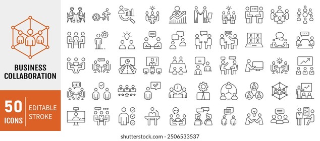 Business Collaboration line icon collection set. Containing idea, teamwork, online, work shift, management, leadership icon. Vector Illustration.