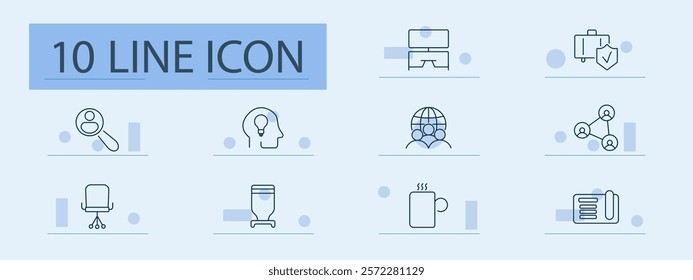 Business collaboration set icon. Network, teamwork, magnifier, brainstorming, security, sharing, coffee break, documents, connection