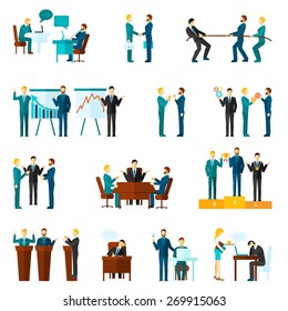 Business collaboration teamwork and agreement flat icons set isolated vector illustration