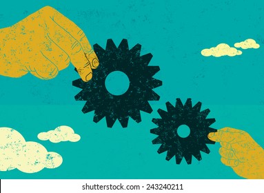 Business Collaboration Two Hands Connecting Gears. A Big Business And Small Business Working Together. The Hands And Gears Are On A Separate Labeled Layer From The Background.