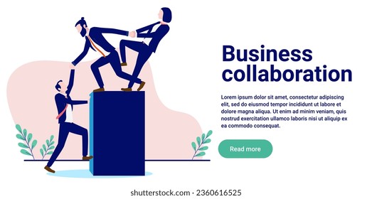 Business collaboration web banner - Vector illustration of teamwork businesspeople giving a helping hand and supporting one another. Flat design with copy space for text and white background