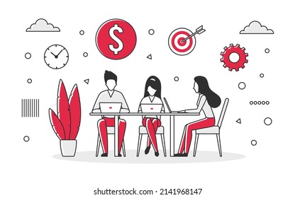 Business collaborative team achieving common goals. Teamwork ability and work productivity vector monocolor illustration