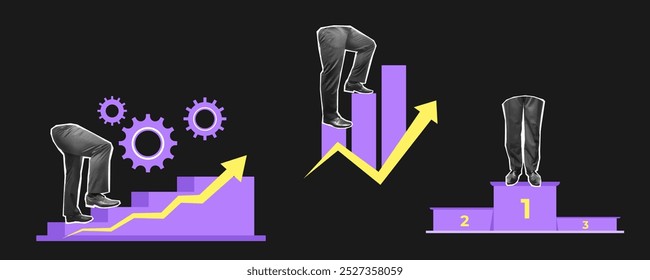 Eine Business Collage mit der Wachstumsdynamik. Die Füße gehen die Treppe hinauf. Das Ergebnis wird erreicht. Vektorgrafik.