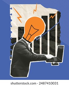 Business collage in halftone style. Modernism and Bauhaus. Vector. A man typing on a computer in a suit. Works. Business analytics. Job. Trendy elements. Sample.  Retro. Paper. Light bulb. Idea