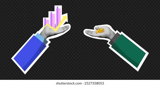 Mãos de colagem de negócios compram uma ideia por dinheiro. Ilustração vetorial. Uma ideia de negócio.