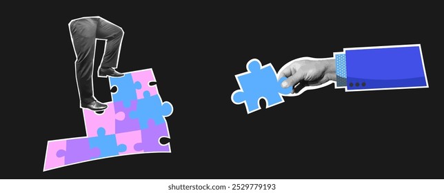 A business collage with hands and feet connects a puzzle. Business strategy and brainstorming. Vector illustration.