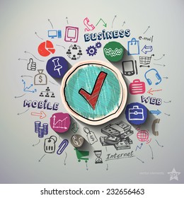 Business collage with icons background. Vector illustration