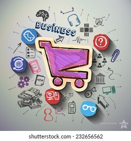 Business collage with icons background. Vector illustration