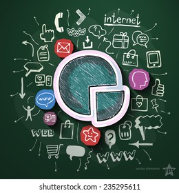 Business collage with icons on blackboard. Vector illustration