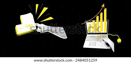 A business collage with a laptop and a growth chart. Business growth and success.
