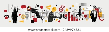 Business collage. Set and collection of business ideas in halftone style. A man works at a computer. Climbing the career ladder, flying to success,  victory. Geometric shapes. Modern trendy elements. 