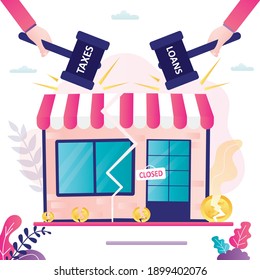 Business collapsed due to financial problems. Store went bankrupt due to non-payment of loans and high taxes. Empty storefront, on door plate - closed. Financial crisis concept. Vector illustration