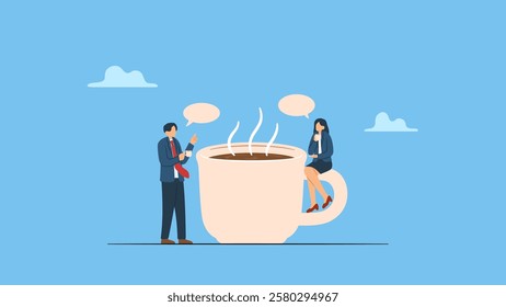 Business colleague take a break drinking coffee and talking. Coffee break, business discussion while having coffee or brainstorming after meeting break.