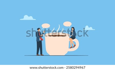 Business colleague take a break drinking coffee and talking. Coffee break, business discussion while having coffee or brainstorming after meeting break.