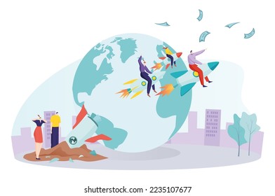 Business colleague together rocket flight, successful startup company employee around global earth flat vector illustration, isolated on white.