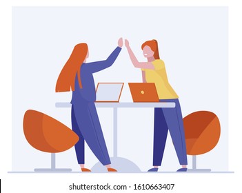 Business colleagues celebrating success. Women with laptops giving high five flat vector illustration. Triumph, teamwork, successful team concept for banner, website design or landing web page