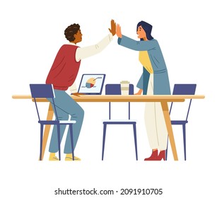 Business colleagues celebrating successful project flat vector illustration. African american man and woman coworkers giving hight five. Isolated.