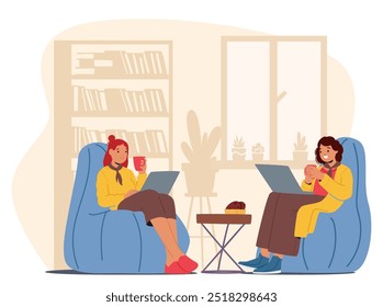 Colegas De Negócios Personagens Desfrutando De Um Relaxante Café Em Um Ambiente De Escritório Acolhedor Com Laptops Na Mão E Uma Atmosfera Confortável. Desenhos Animados Relaxavam As Pessoas Se Comunicando. Ilustração de vetor