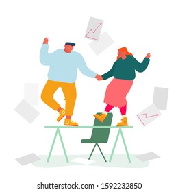 Business Colleagues Dancing on Table Rejoice for Contract Signing Man and Woman Businesspeople Happy for Good Job in Office Successful Project Victory Goal Achievement Cartoon Flat Vector Illustration