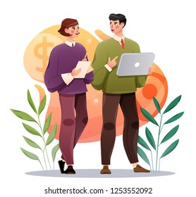 Business colleagues discussing project. Businessman and woman with tablet. Office work concept. Vector