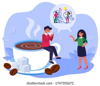 Business colleagues discussing work problems at coffee break. Man drinking coffee and talking to woman flat vector illustration. Coffee break concept for banner, website design or landing web page
