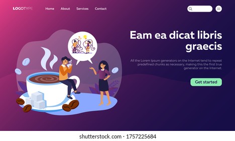 Compañeros de negocios discuten problemas de trabajo en la pausa para el café. Hombre bebiendo café y hablando con mujer ilustración vectorial plana. concepto de descanso para café para banner, diseño de sitio web o página web de aterrizaje