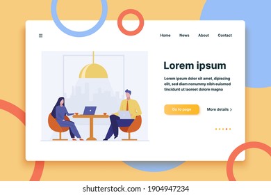 Business colleagues drinking coffee together. Partners with laptops discussing deal flat vector illustration. Communication, cooperation concept for banner, website design or landing web page
