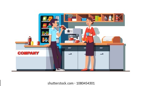 Business Colleagues Drinking And Resting In Corporate Office Kitchen Room. Company Workers Having Coffee Brake And Chatting Next To Vending Machine. Lunch Time In Dining Room. Flat Vector Illustration