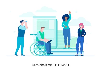Business colleagues - flat design style illustration on white background. A composition with managers with different physical abilities and nationalities working, person in a wheelchair with a laptop